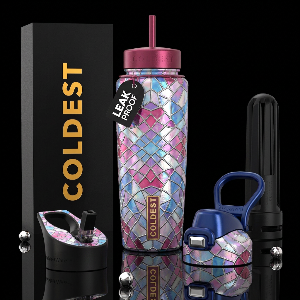Pink white and blue metallic stained glass water bottle design