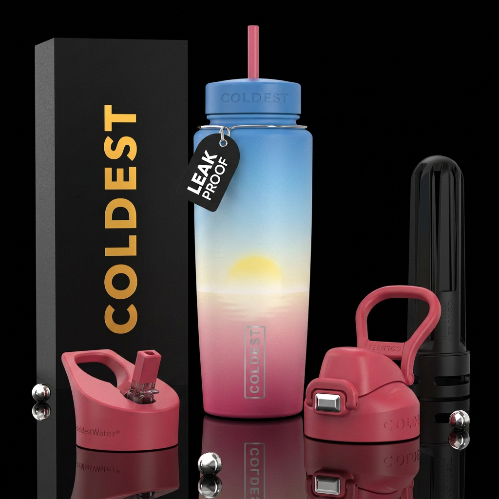 Pink white and blue sunrise water bottle design