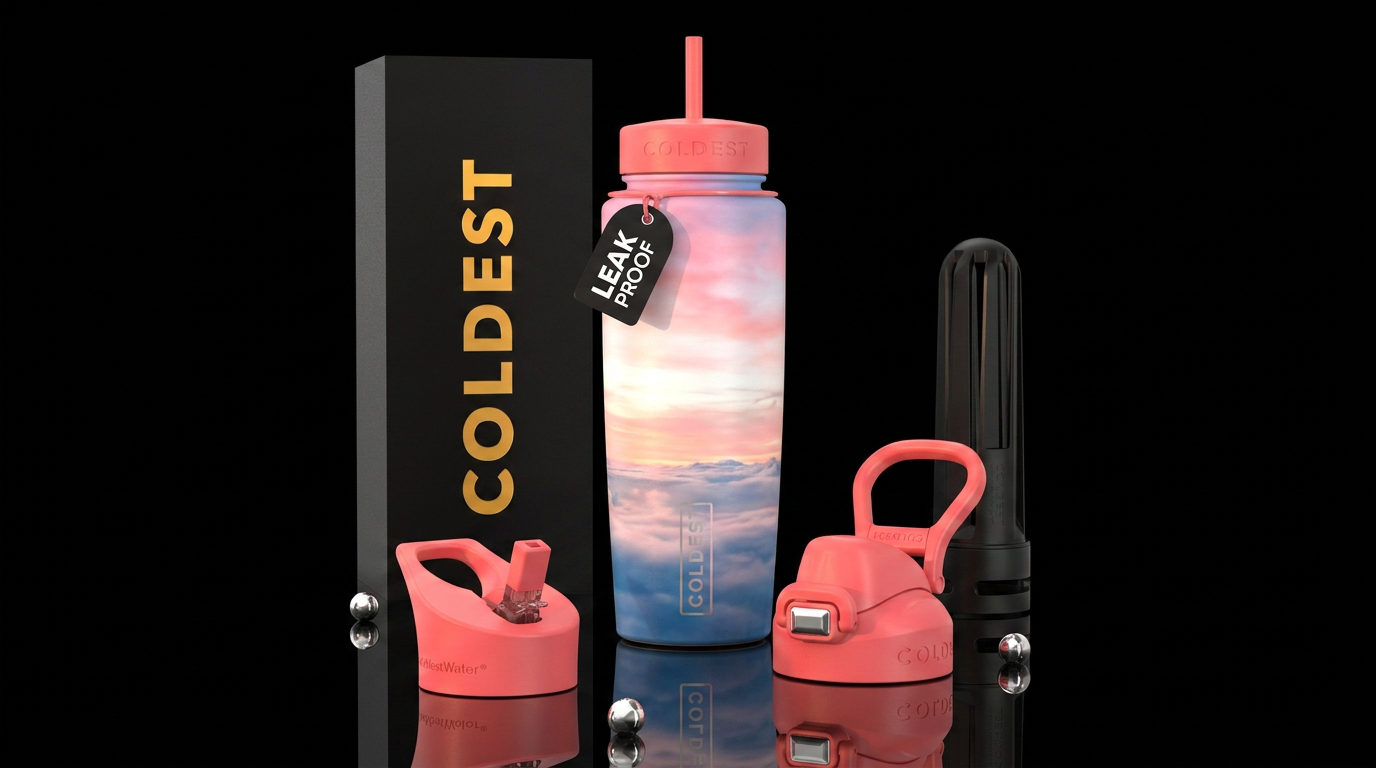 Pink white and blue sunrise water bottle design