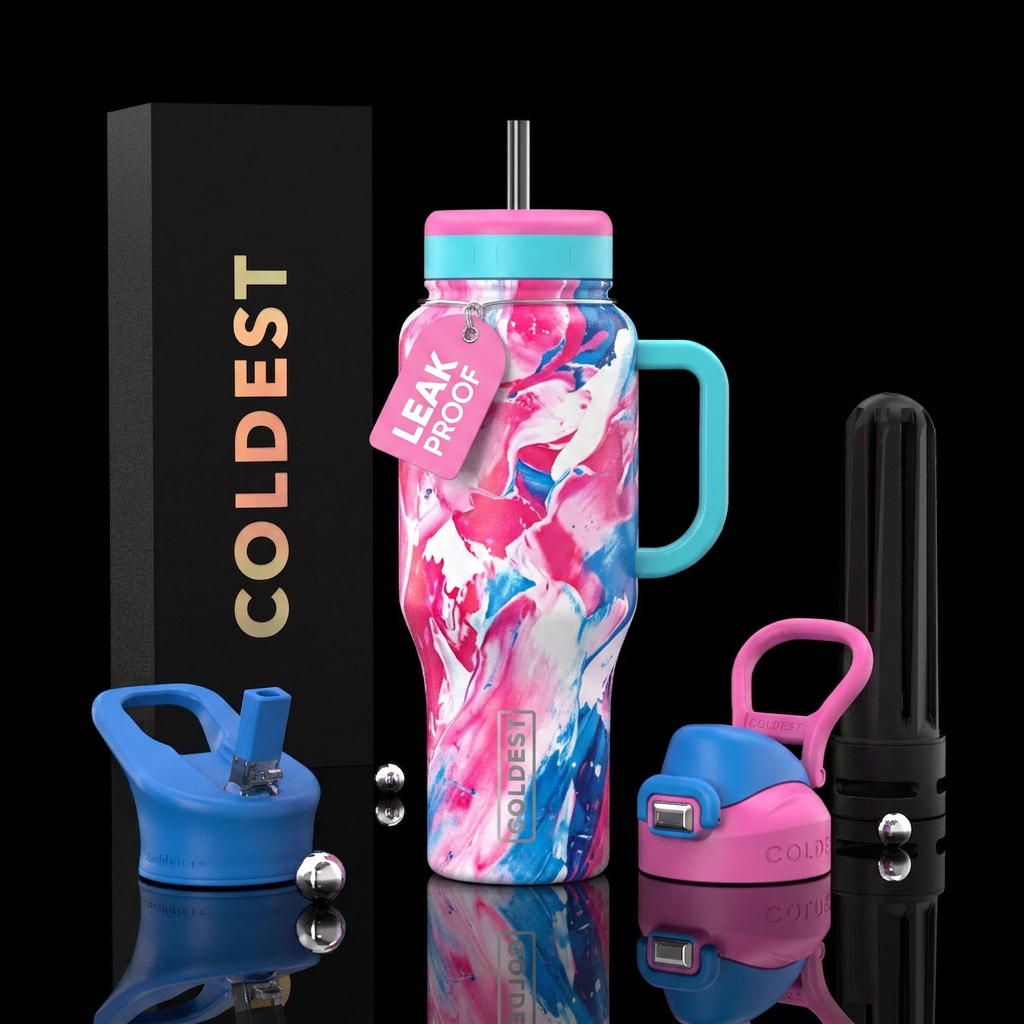 Abstract interpretation of joy using pink white an... water bottle design