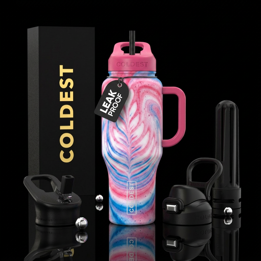 pink white and blue swirling foam water bottle design
