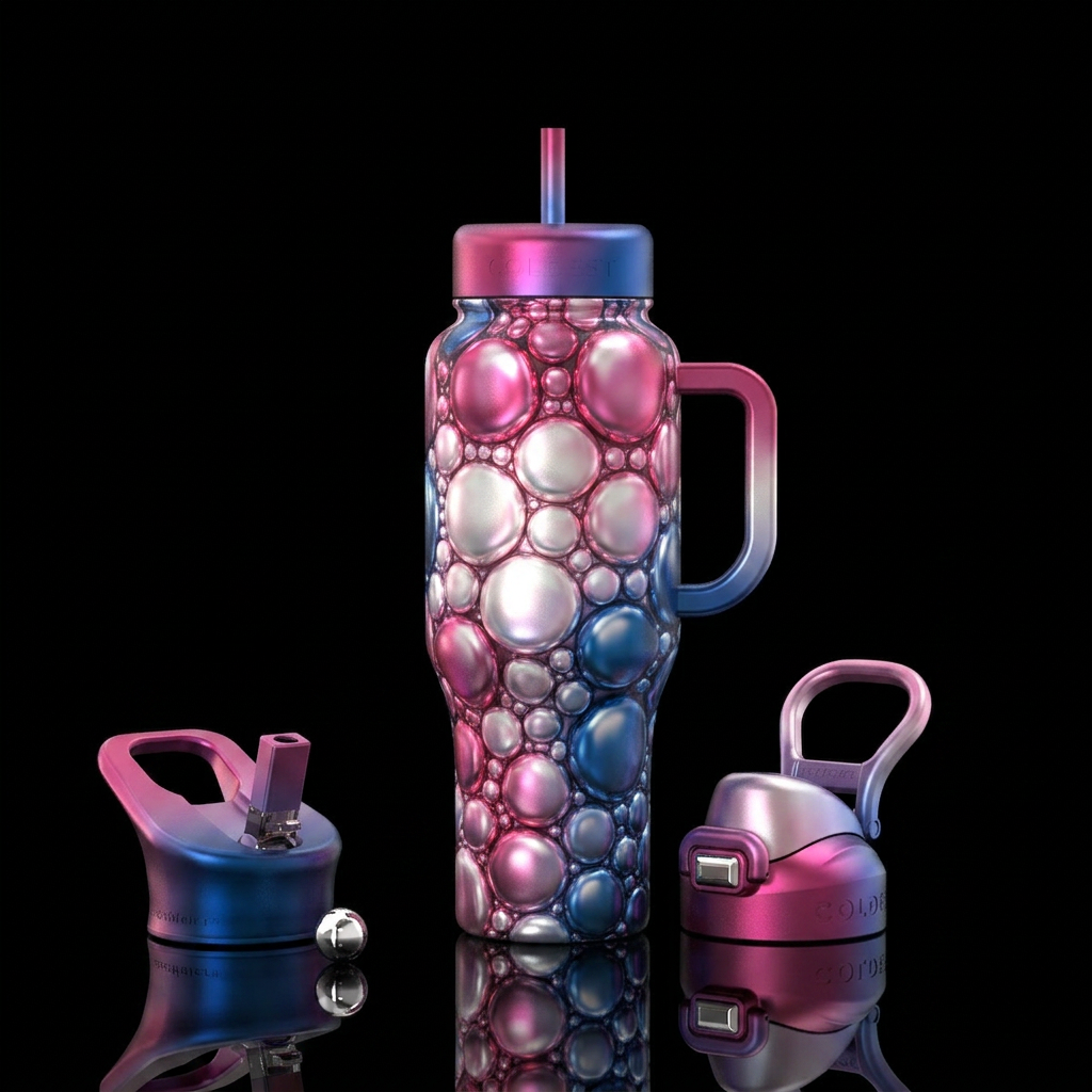 Pink white and blue metallic bubbles water bottle design