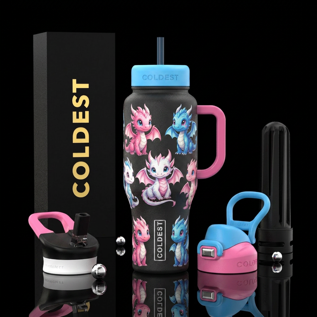Pink white and blue baby dragons water bottle design