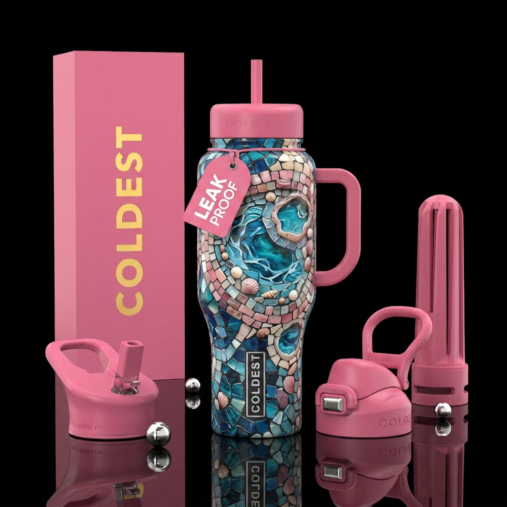 Pink white and blue, tide pools, mosaic water bottle design