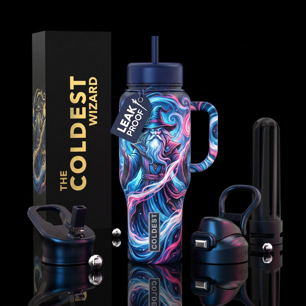 Pink white and blue wizard water bottle design
