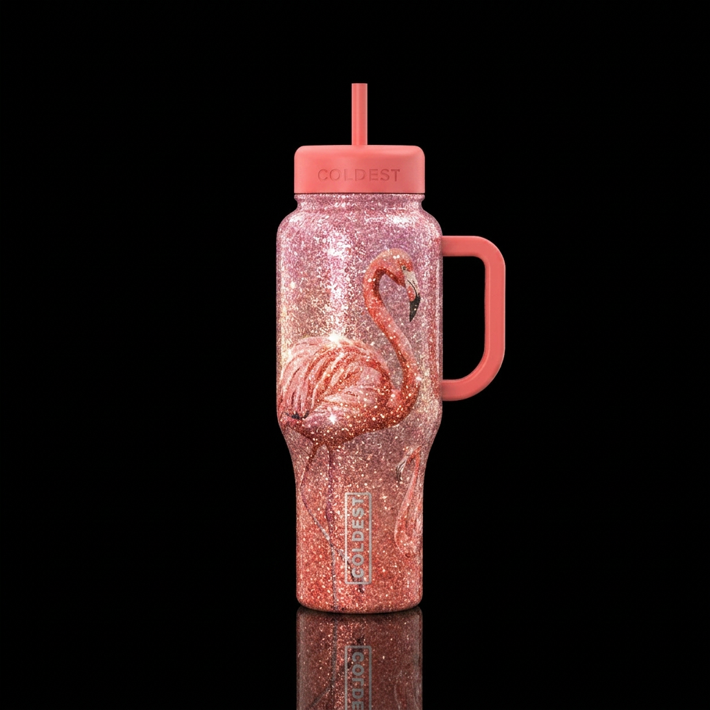 Glittery flamingo water bottle design