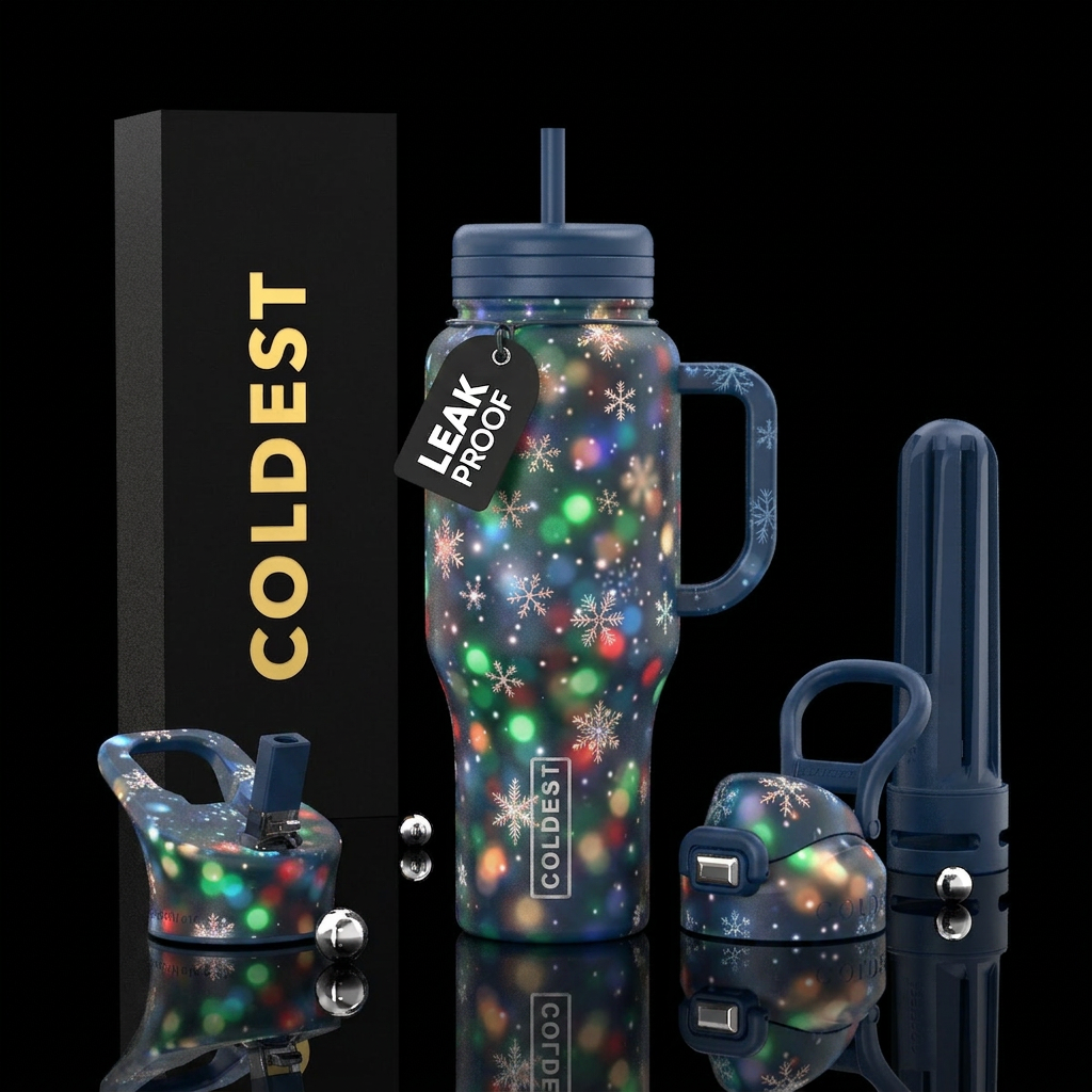 Snowflakes sparkling when falling in front of chri... water bottle design