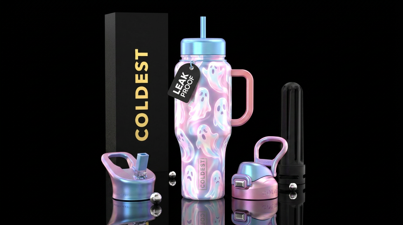Pink white and blue luminous ghosts iridescent water bottle design