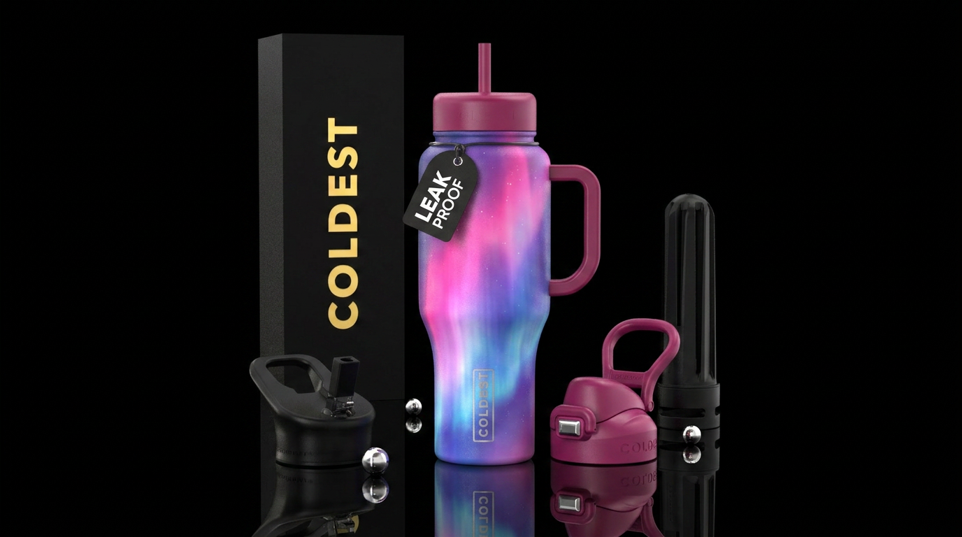 Pink white and blue northern lights water bottle design
