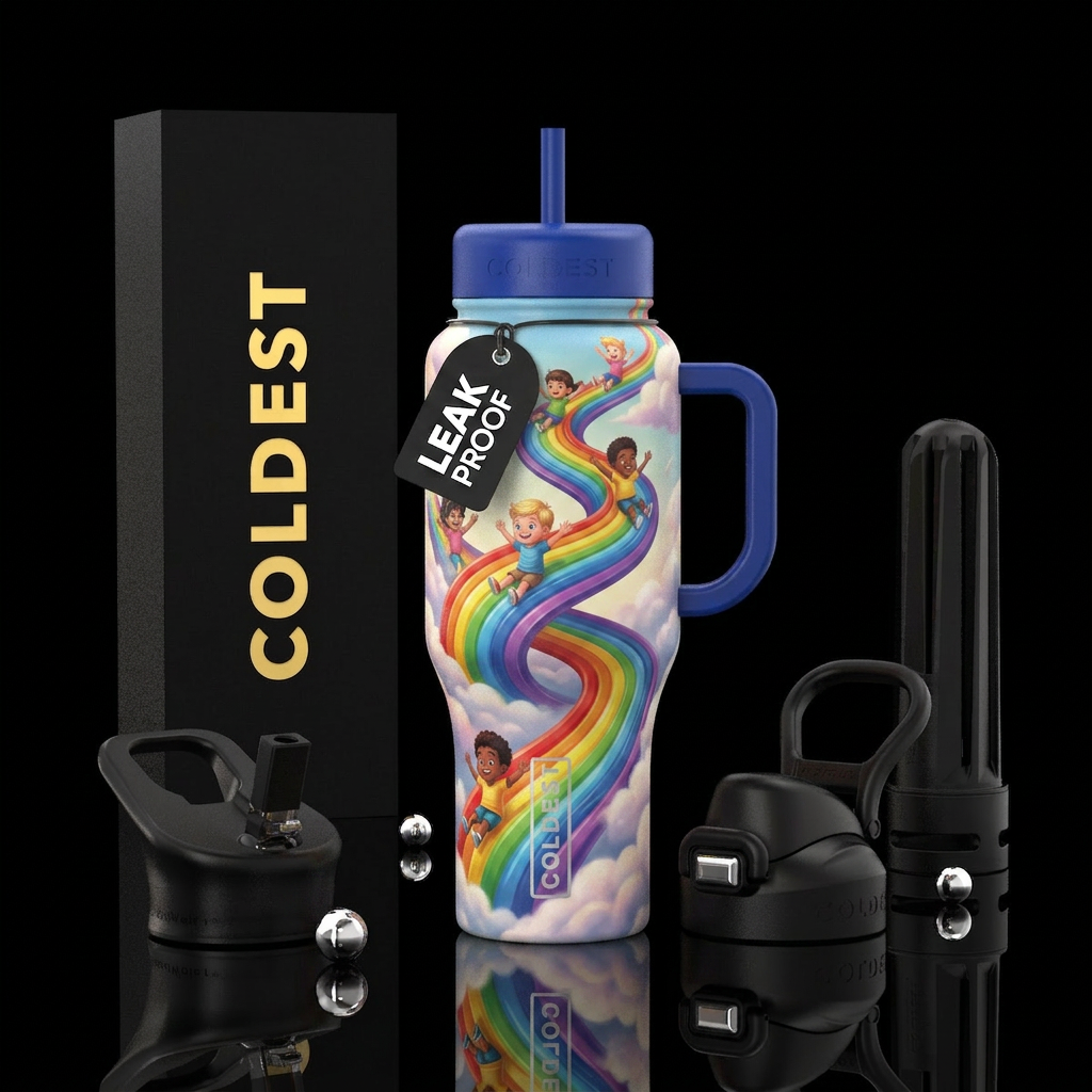 Kids sliding down a rainbow twisting slide through... water bottle design