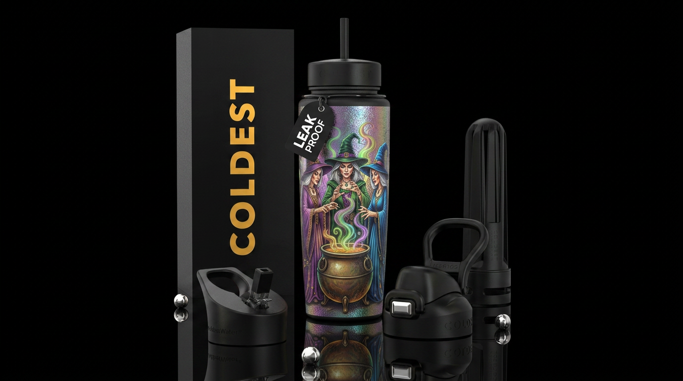 3 witches standing over a cauldron casting a spell water bottle design