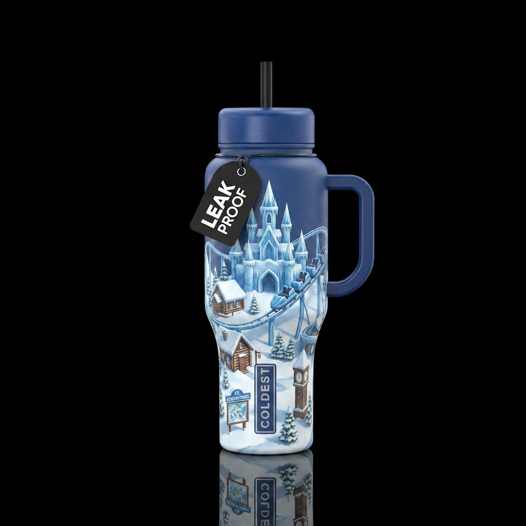Coldest world theme park water bottle design