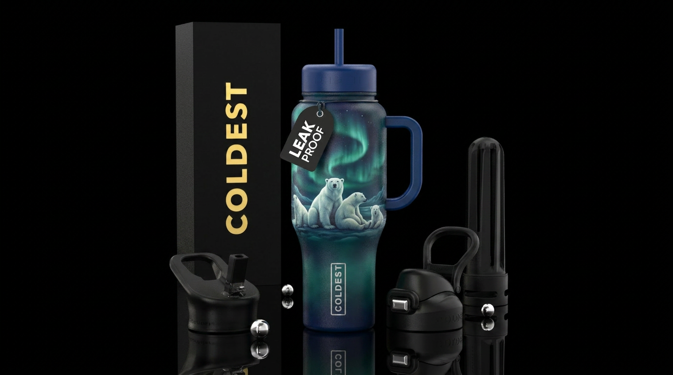 Polar bears sitting under the northern lights water bottle design