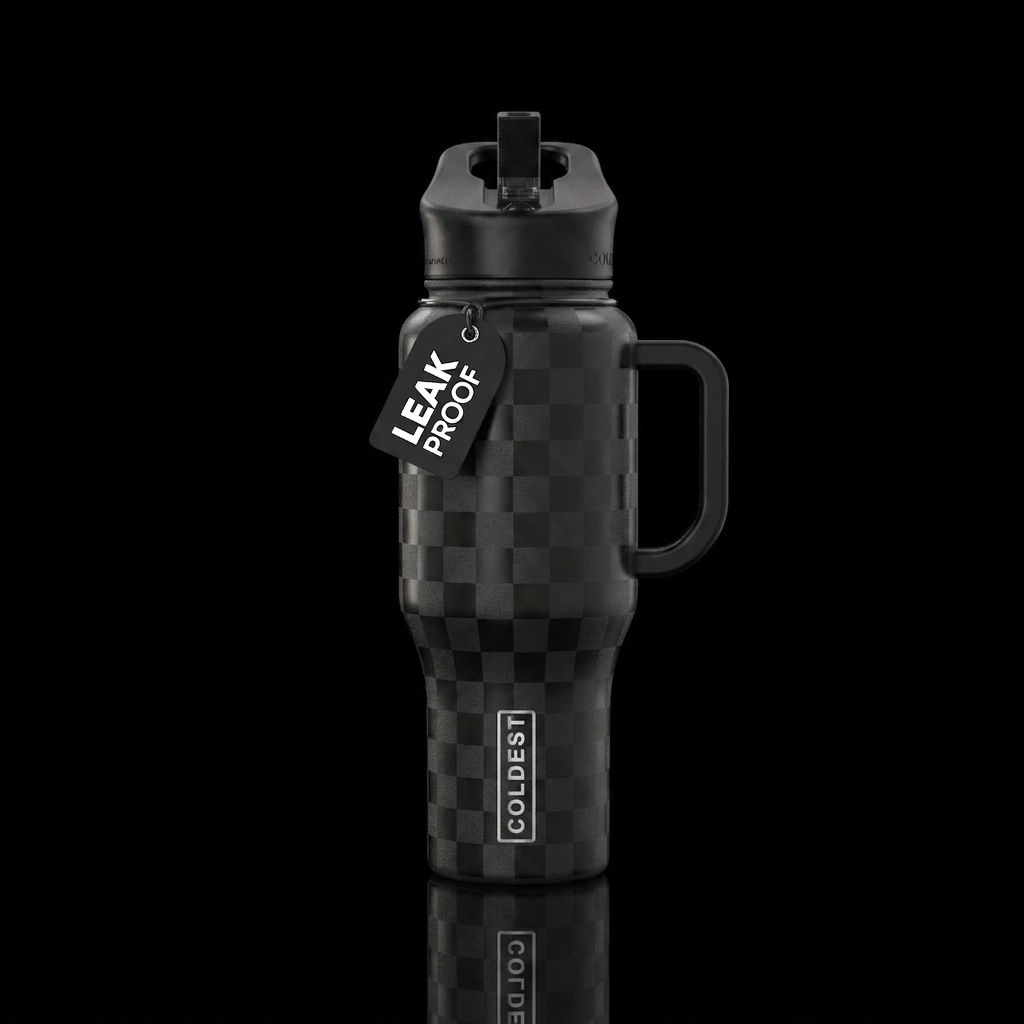 Black on black checker water bottle design