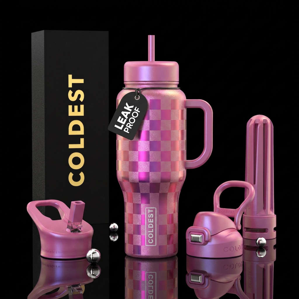 Iridescent pink on pink checker water bottle design