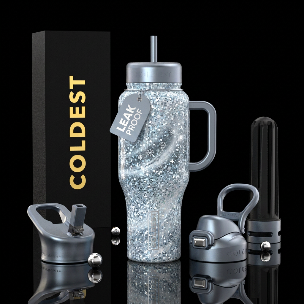 Coldest snow globe glittery water bottle design