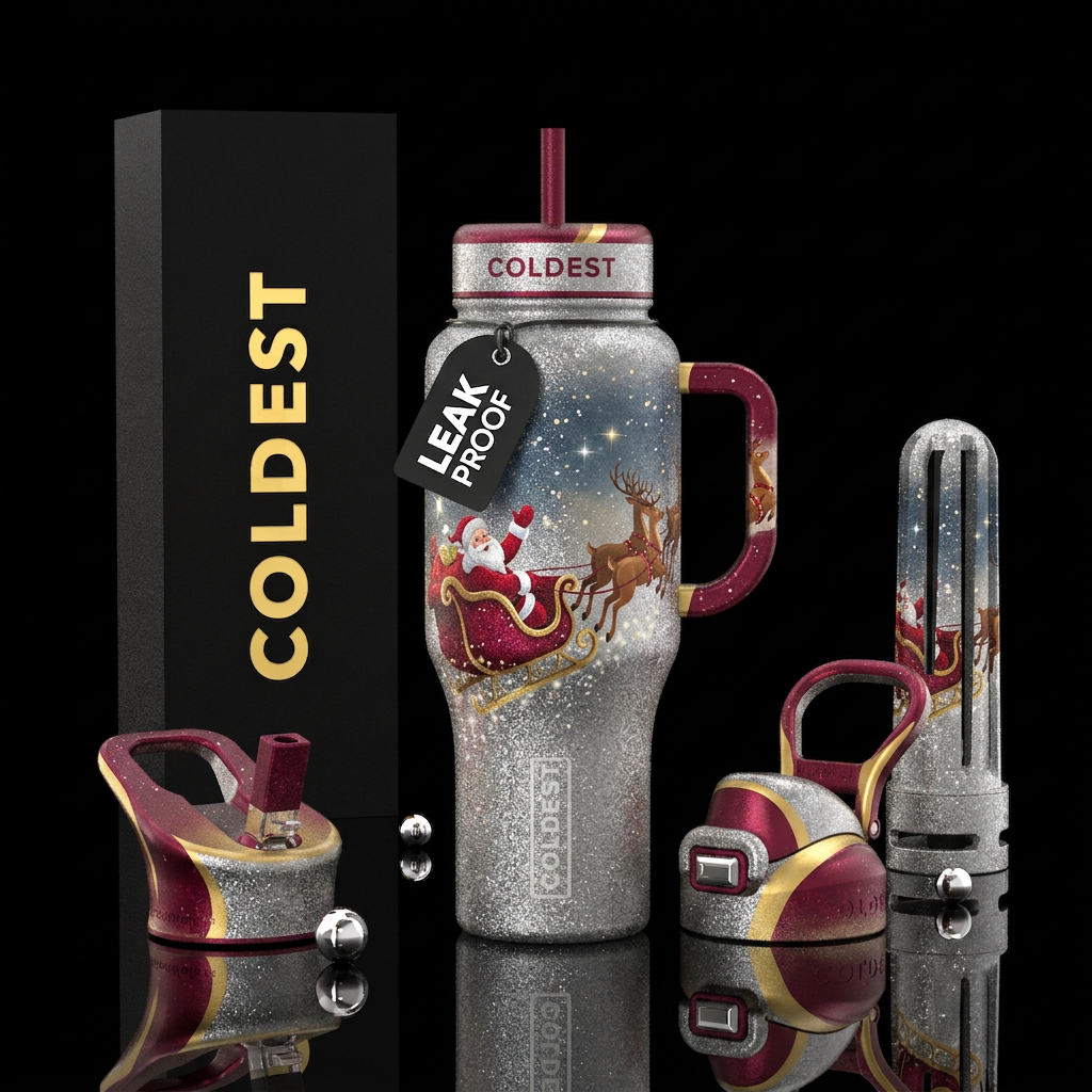 Glittery silver with Santa's slay flying awsy water bottle design