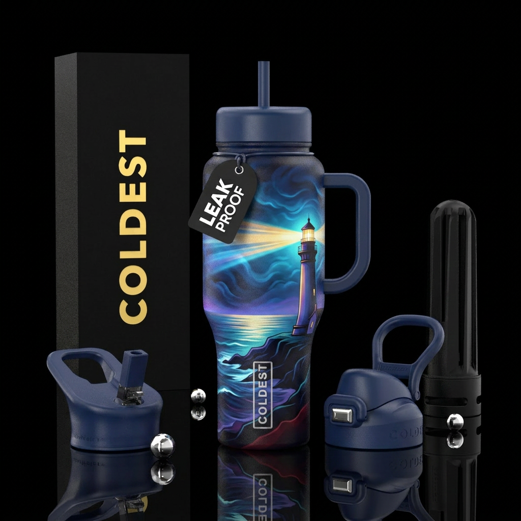 A lighthouse showing the path through the darkness water bottle design