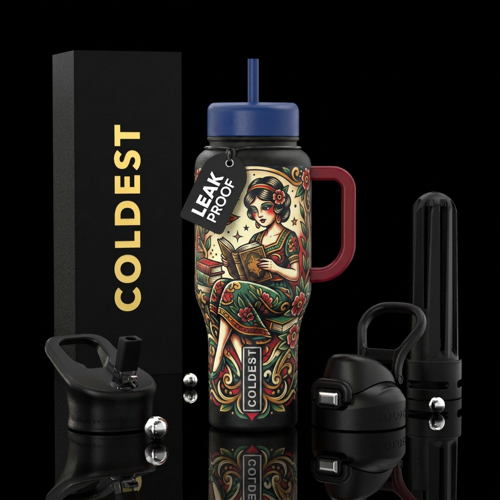 Old school traditional girl reading water bottle design