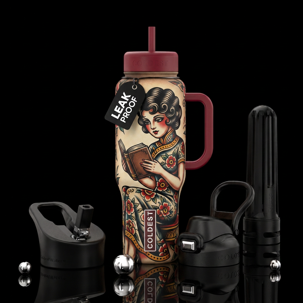 Old school traditional tattoo girl reading water bottle design