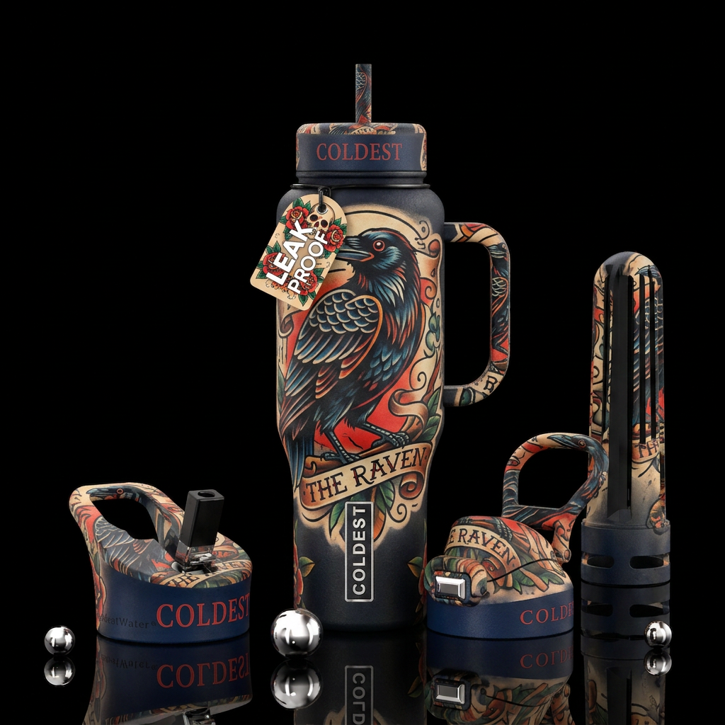 Old school traditional tattoo the raven water bottle design