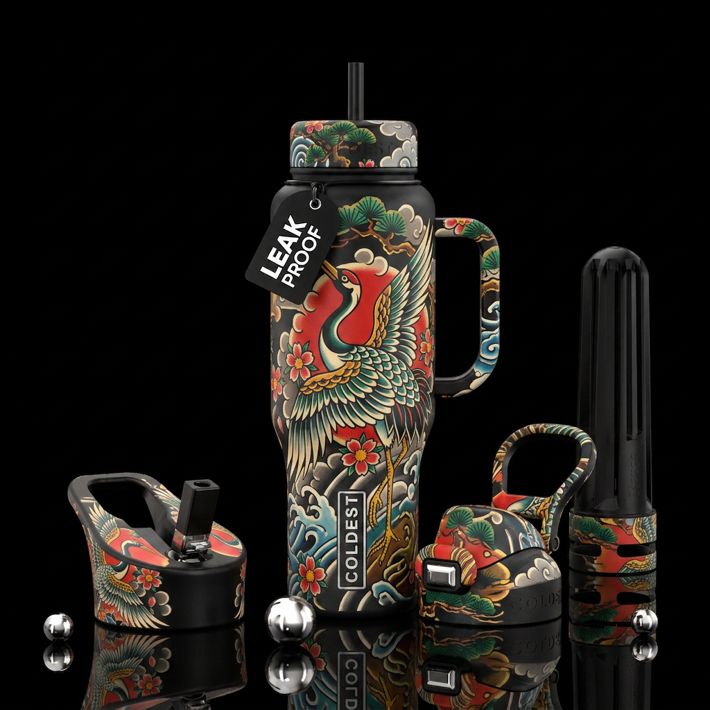 Old school traditional tattoo crane water bottle design
