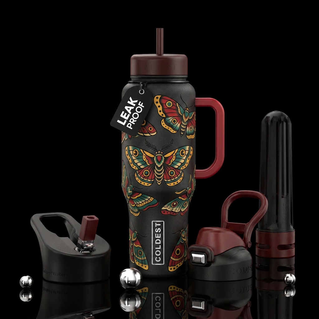 Old school traditional tattoo moth water bottle design