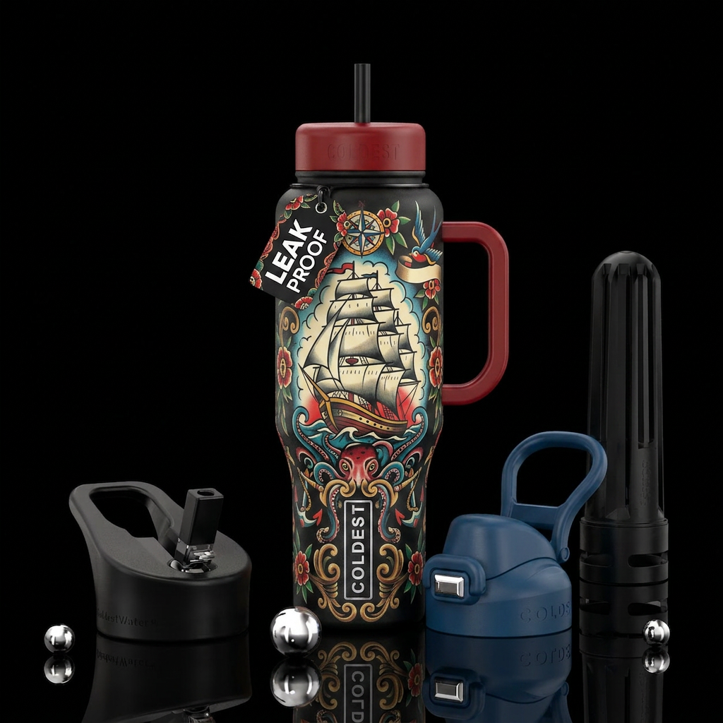 Old school traditional tattoo pirate ship water bottle design