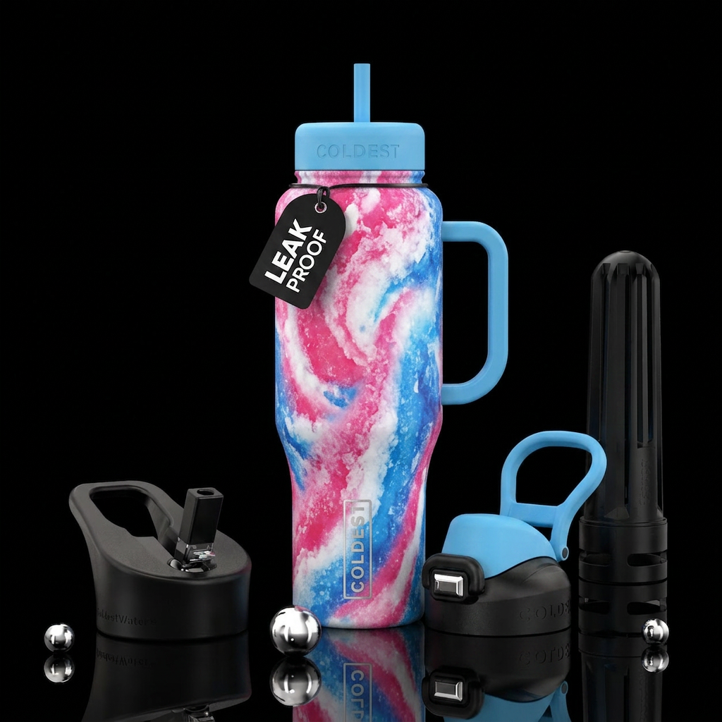 Pink white and blue snow cone swirls water bottle design