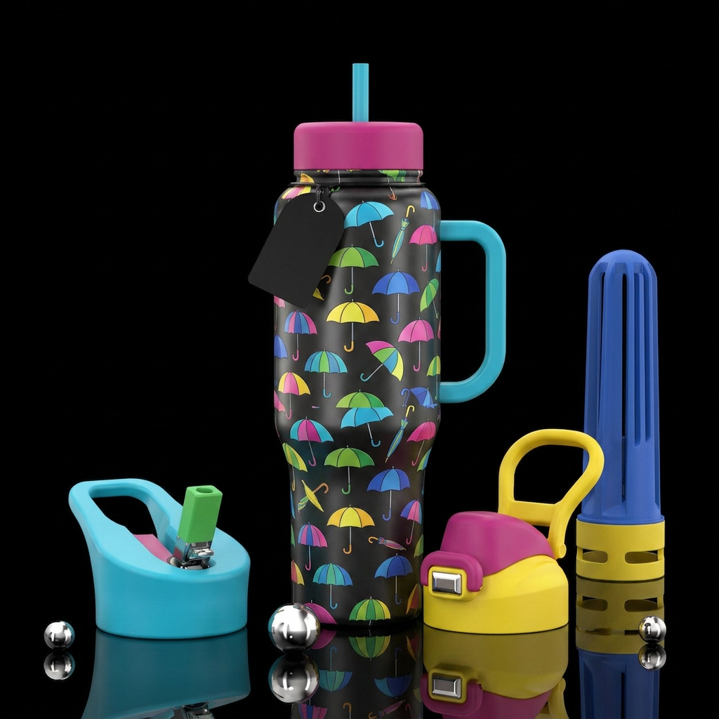Multi color umbrellas water bottle design
