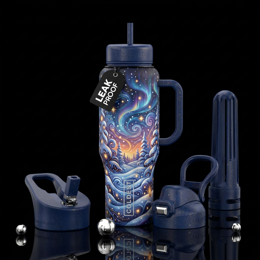 Fantastical snowy night with glistening lights water bottle design