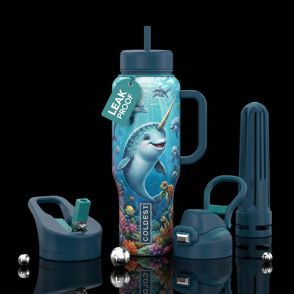 Anthropomorphic narwhal playing with ocean friends water bottle design