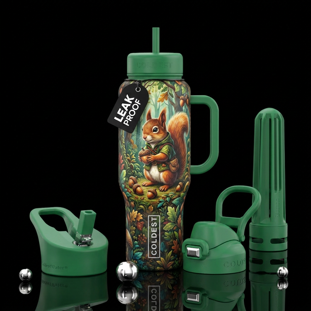 Anthropomorphic squirrel in the woods water bottle design