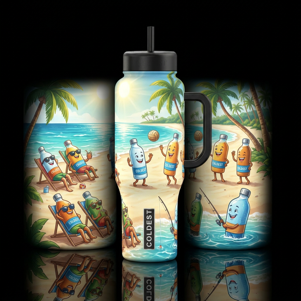 Anthropomorphic coldest bottles at the beach water bottle design