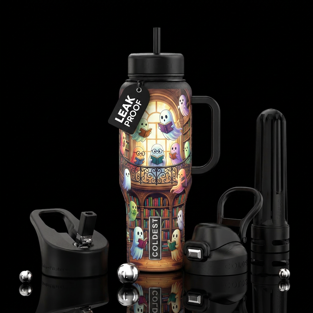 Anthropomorphic ghosts in a library water bottle design