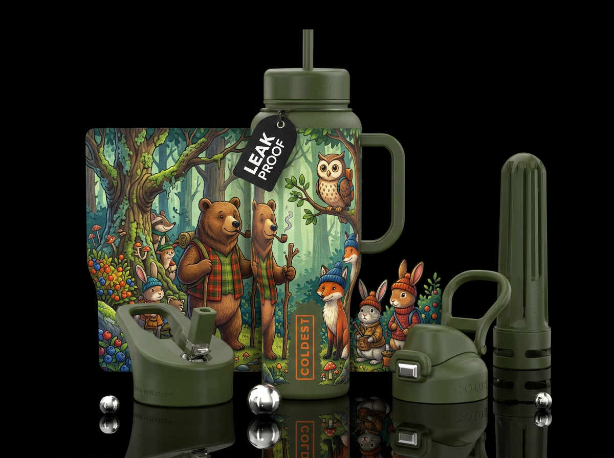 Anthropomorphic Forrest scene water bottle design