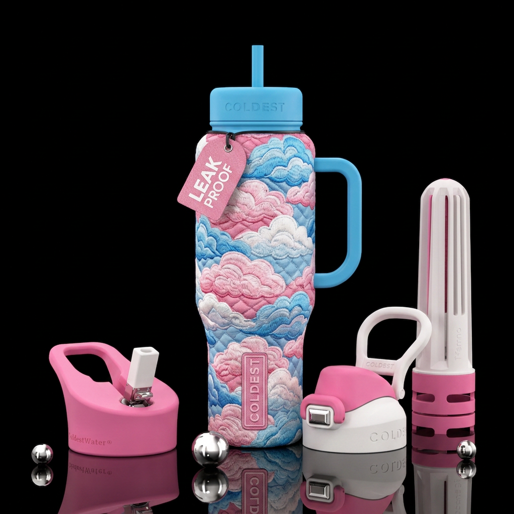 Pink white and blue embroidered clouds in a quilt ... water bottle design