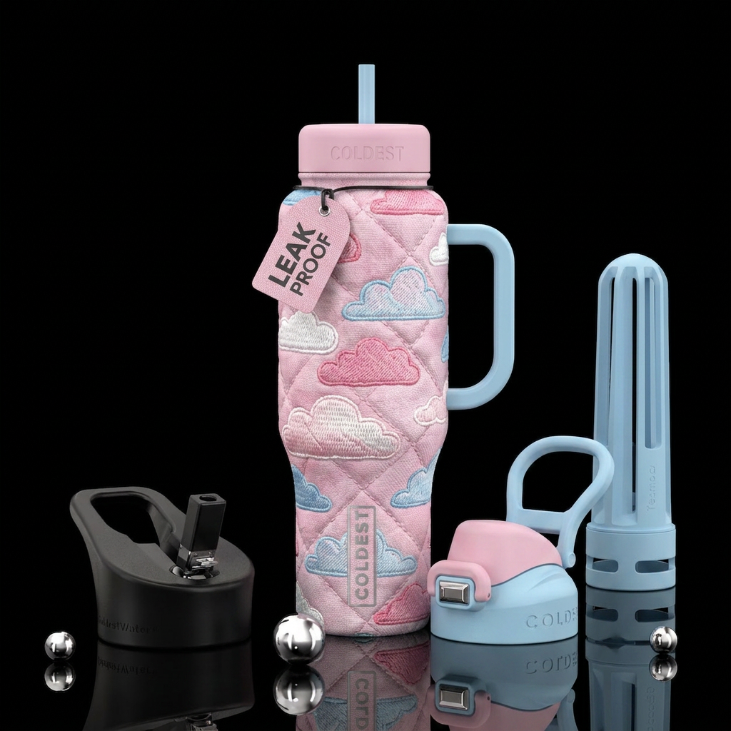 Pink white and blue embroidered clouds in a quilt ... water bottle design