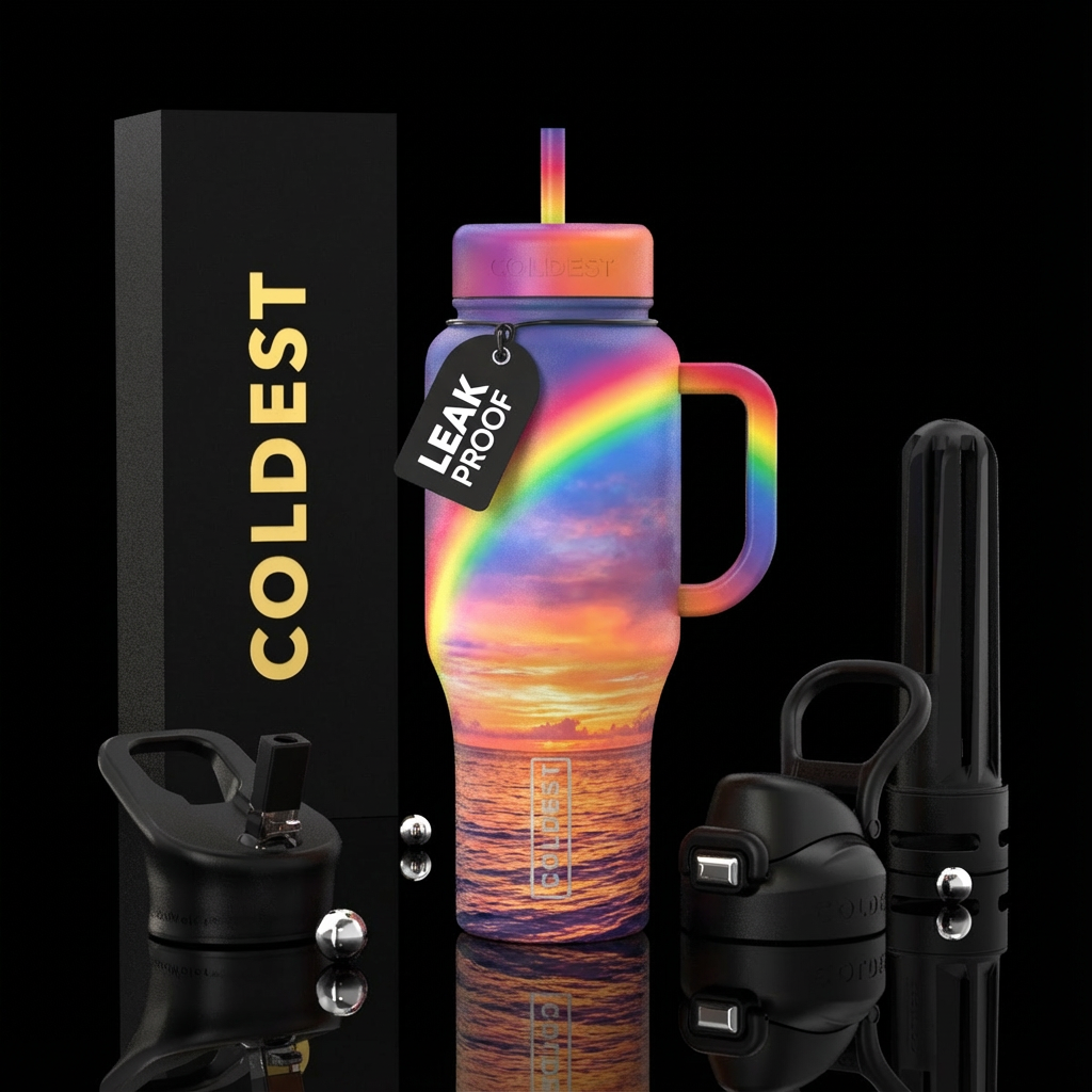 A rainbow across the top and handle with a sunset ... water bottle design