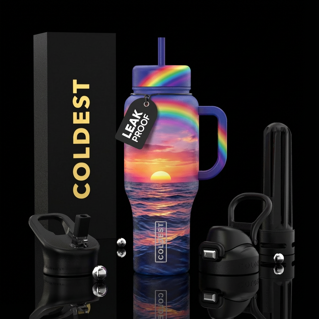 A real rainbow across the top and handle with a su... water bottle design