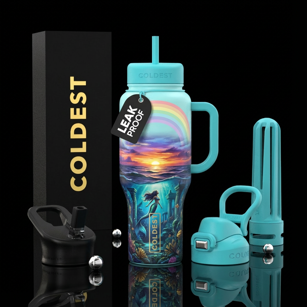 Light rainbow across the top with a sunset in the ... water bottle design