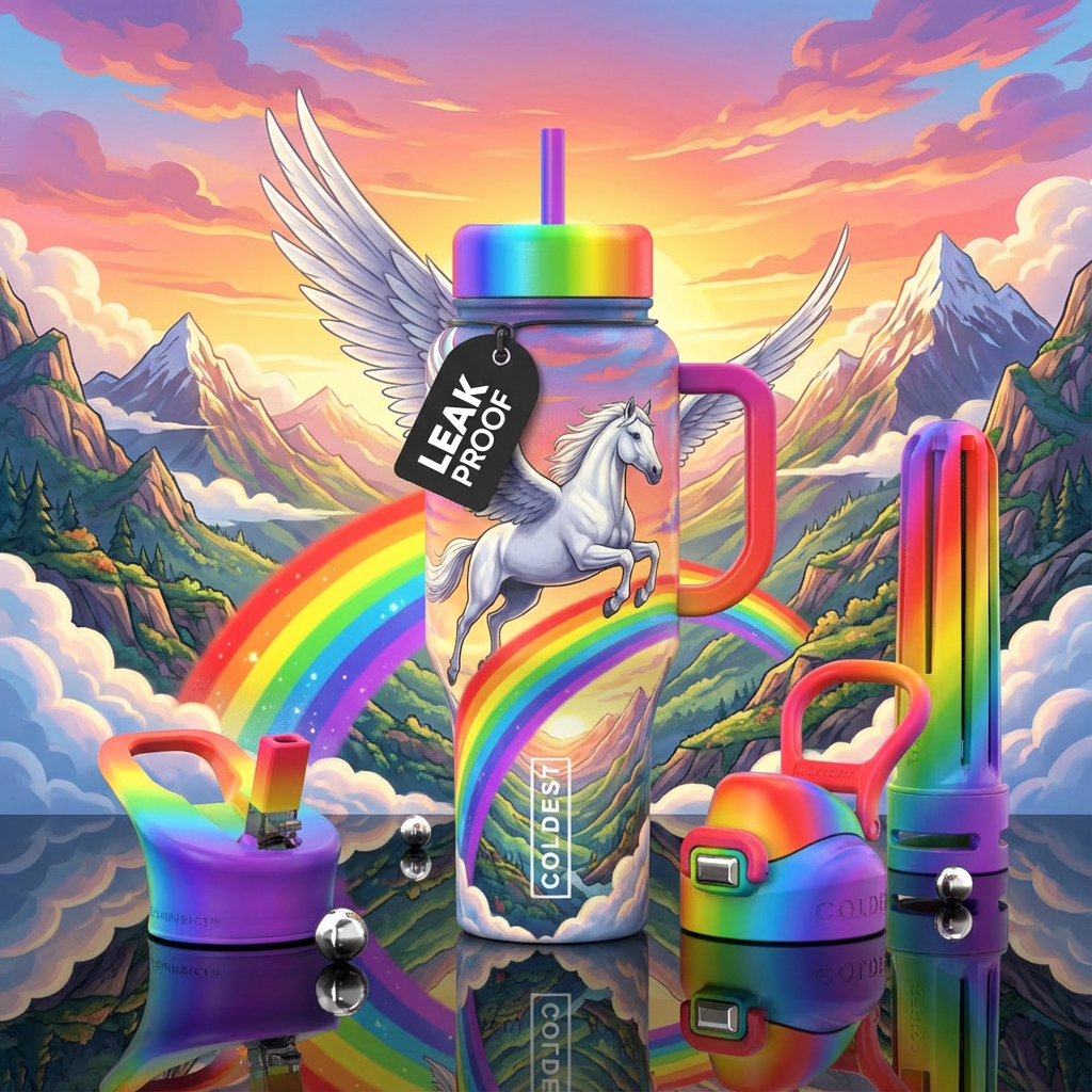 A realistic white Pegasus flying over the rainbow ... water bottle design