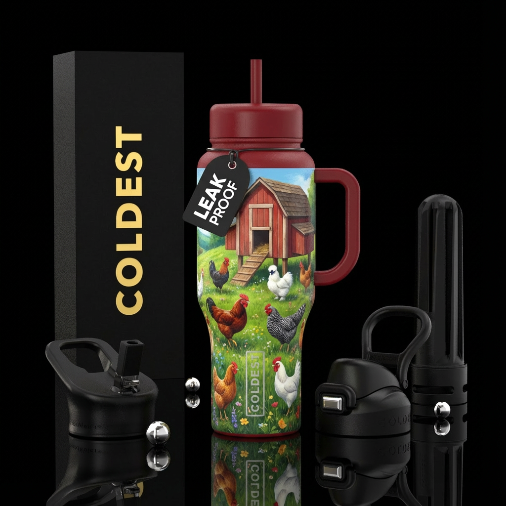 Chicken coop with diffrent breed of chickens graci... water bottle design