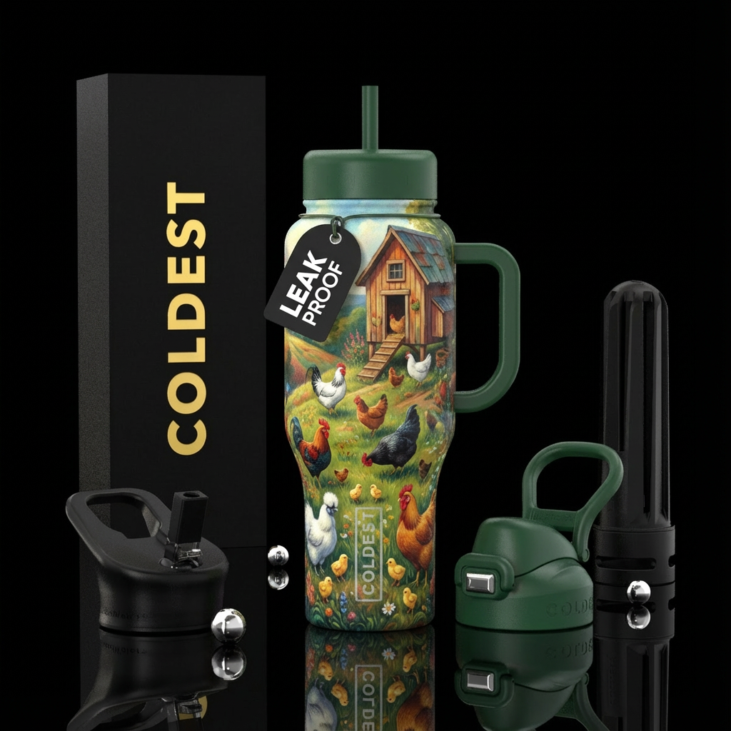 Coop with diffrent breed of chickens and chicks gr... water bottle design