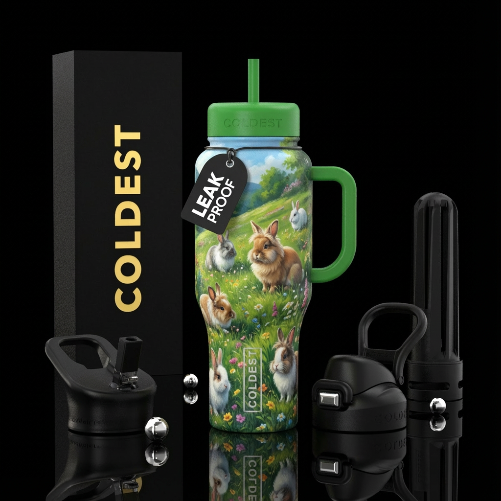 Lion head rabbits diffrent breeds gracing on the h... water bottle design