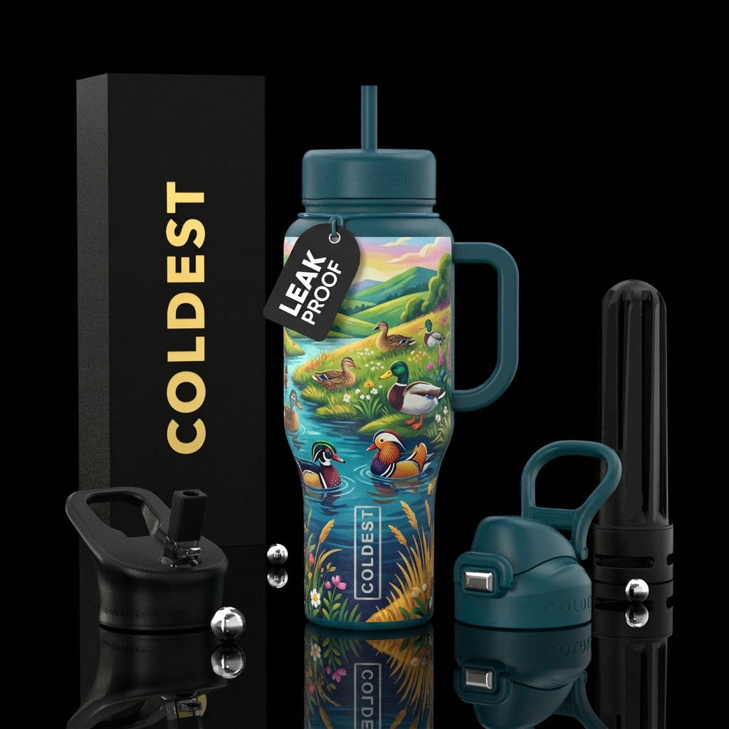 Diffrent breeds of ducks gracing on the hillside p... water bottle design