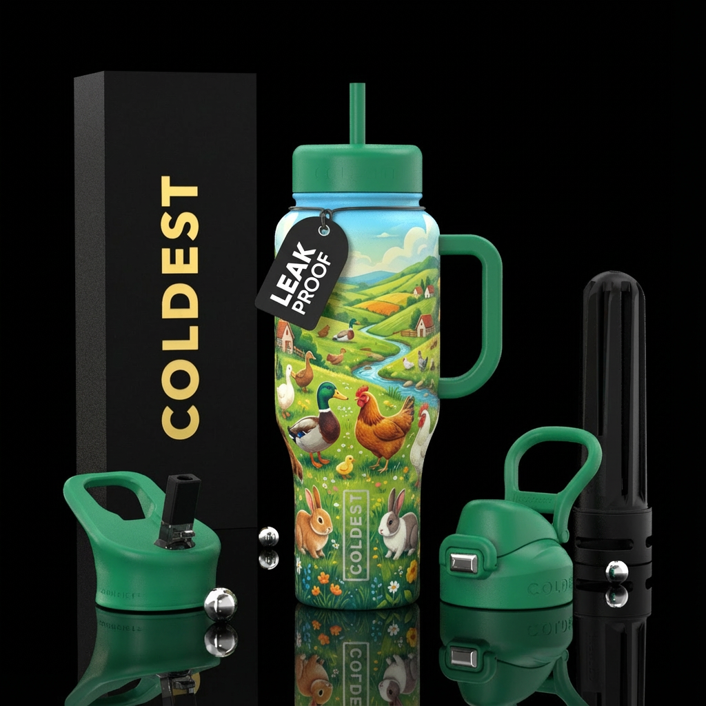 Diffrent breeds of ducks chickens and rabbits grac... water bottle design