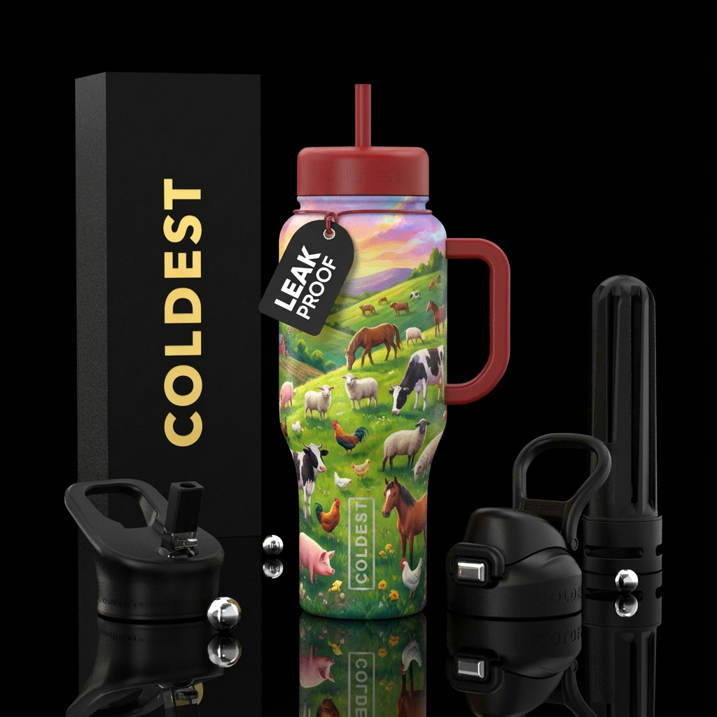 Diffrent farm animals gracing on the hillside farm water bottle design