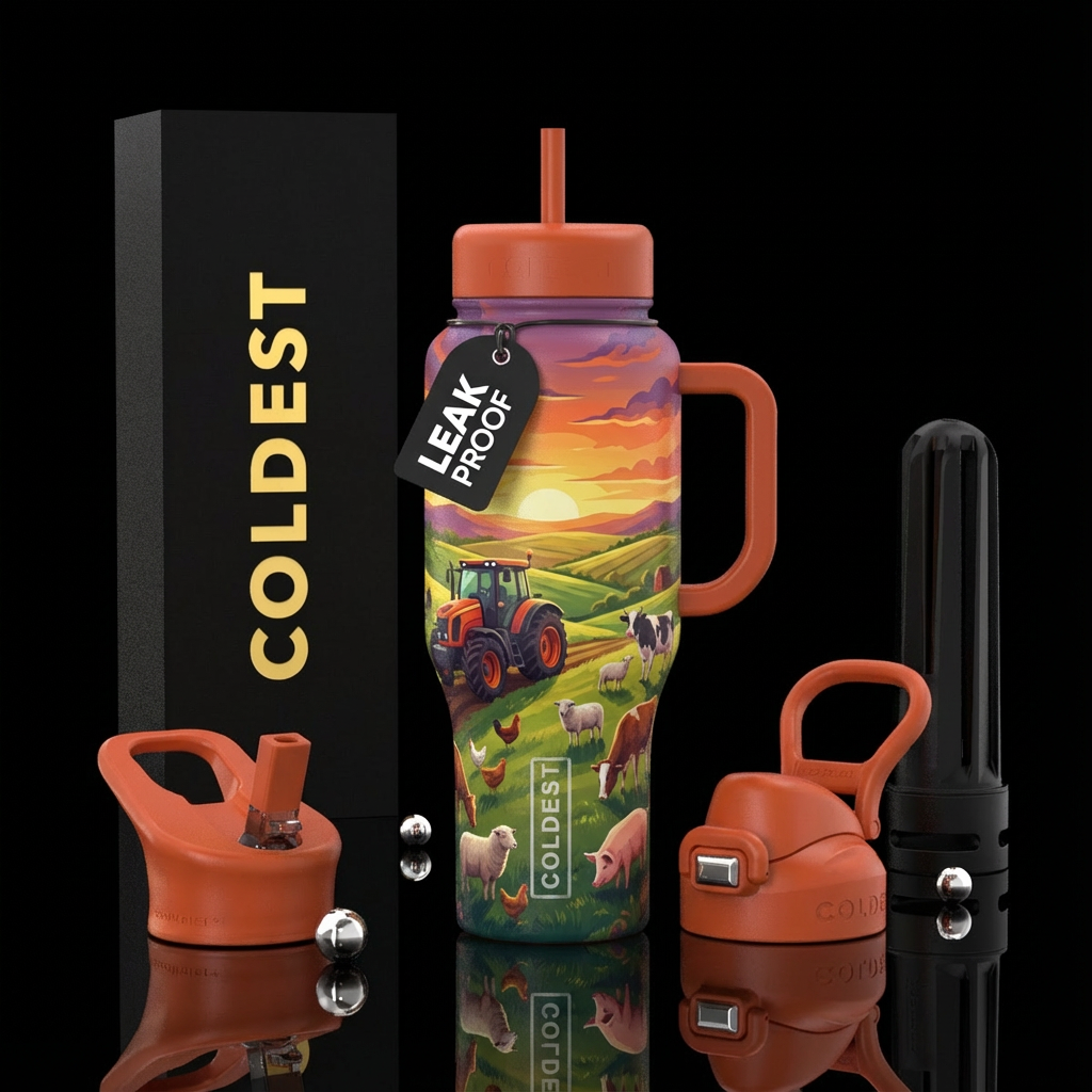 Diffrent farm animals gracing on the hillside farm... water bottle design