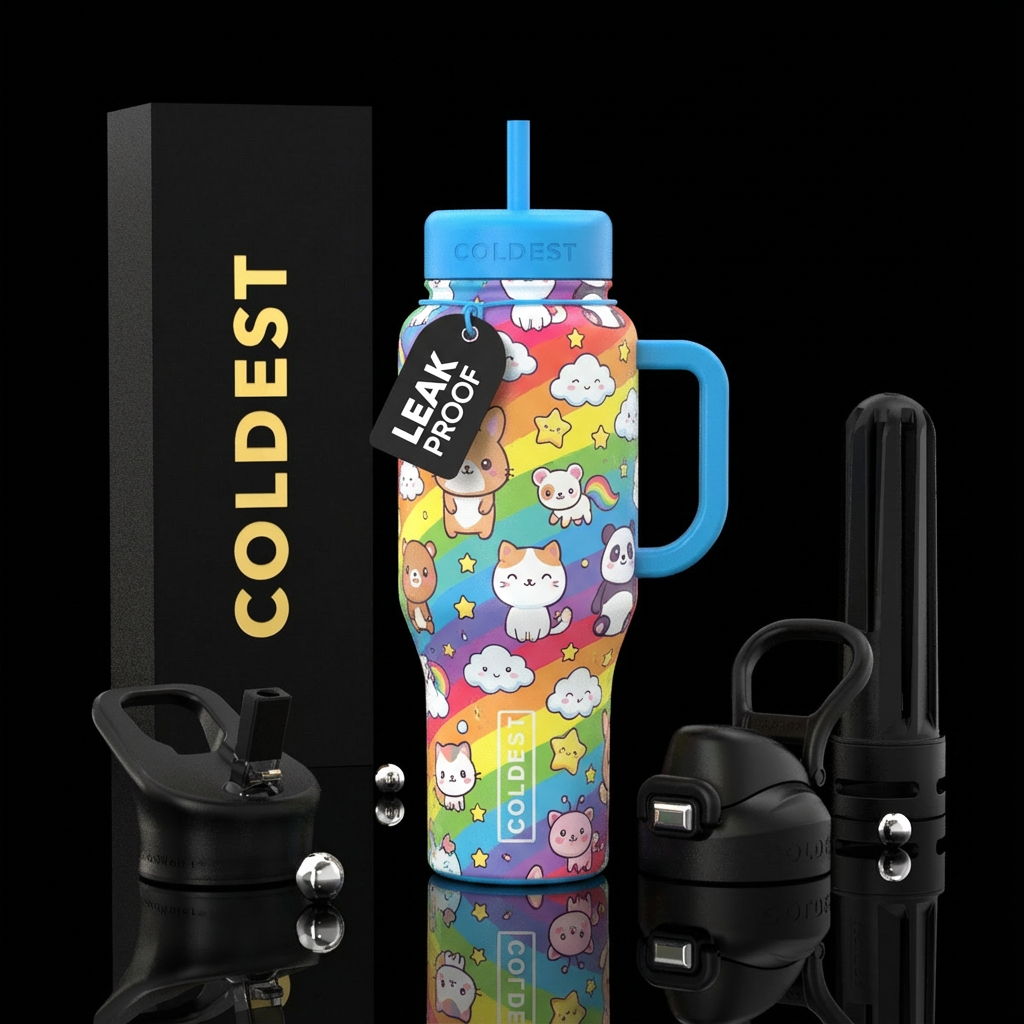 Rainbow Kawai characters with a blue bottle water bottle design